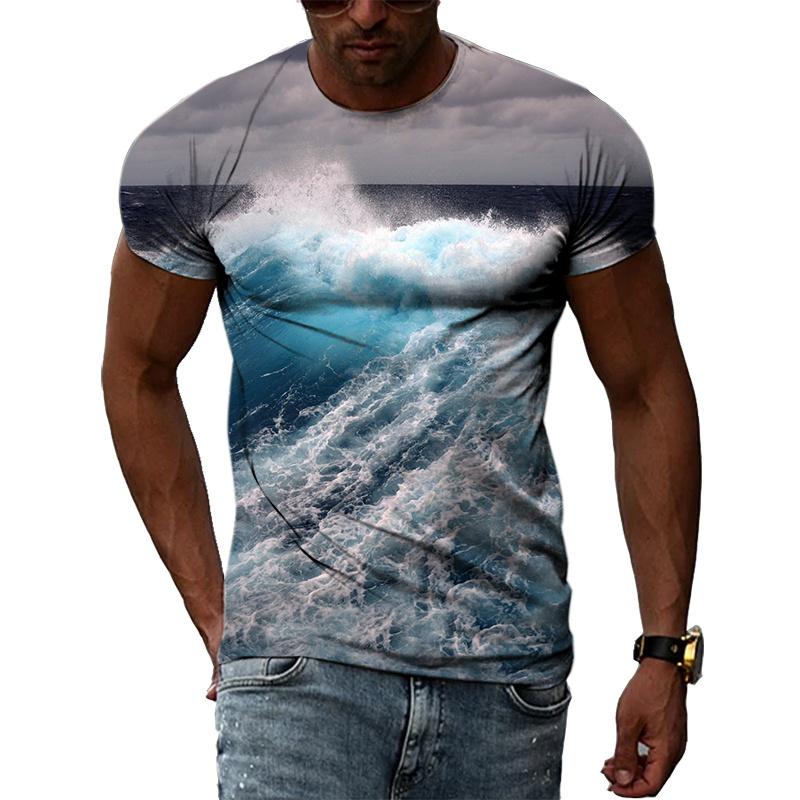 Ocean Wave Pattern T-Shirts Summer Fashion Beach Short Sleeve 3d Printed Top Loose Casual Round neck Holidaywear Mens Tees