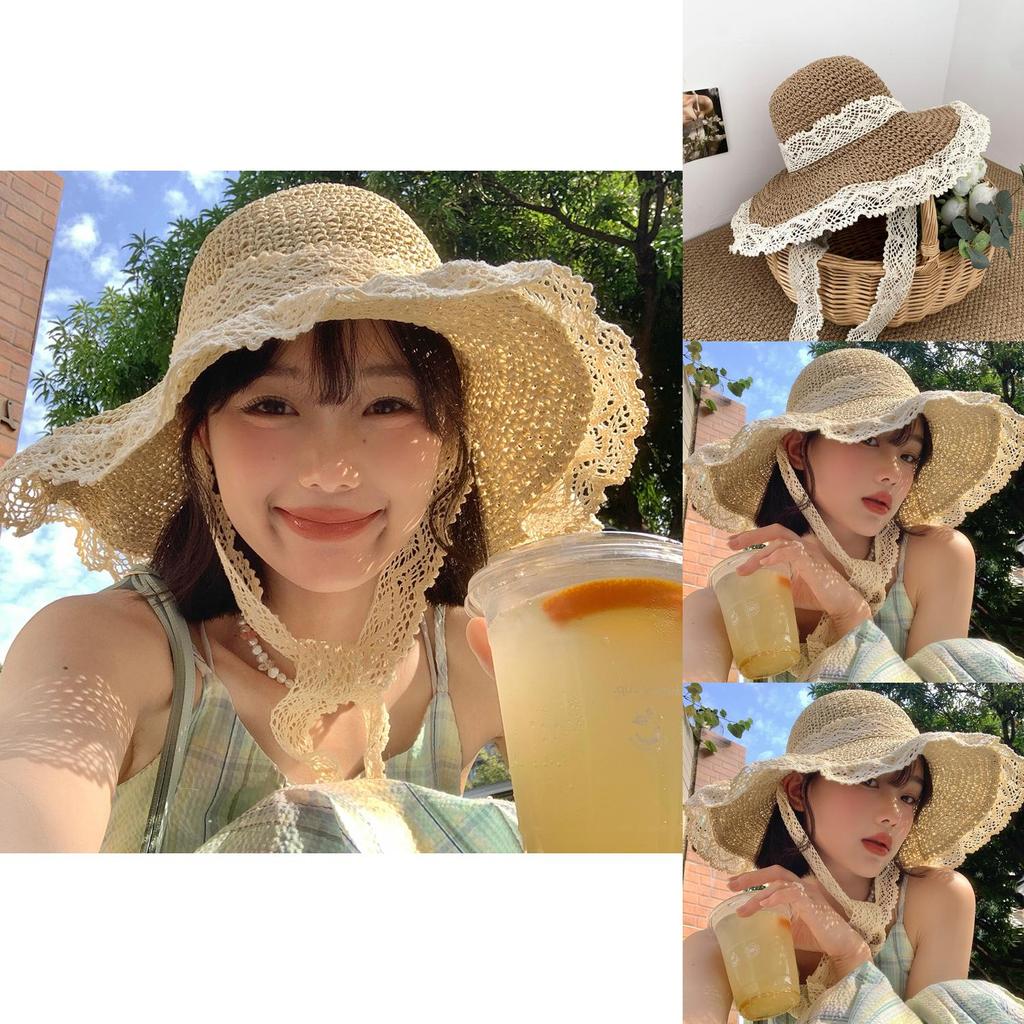 Korean Style Summer Wide Brim Hat For Women Lightweight Breathable Lace Sun Protection