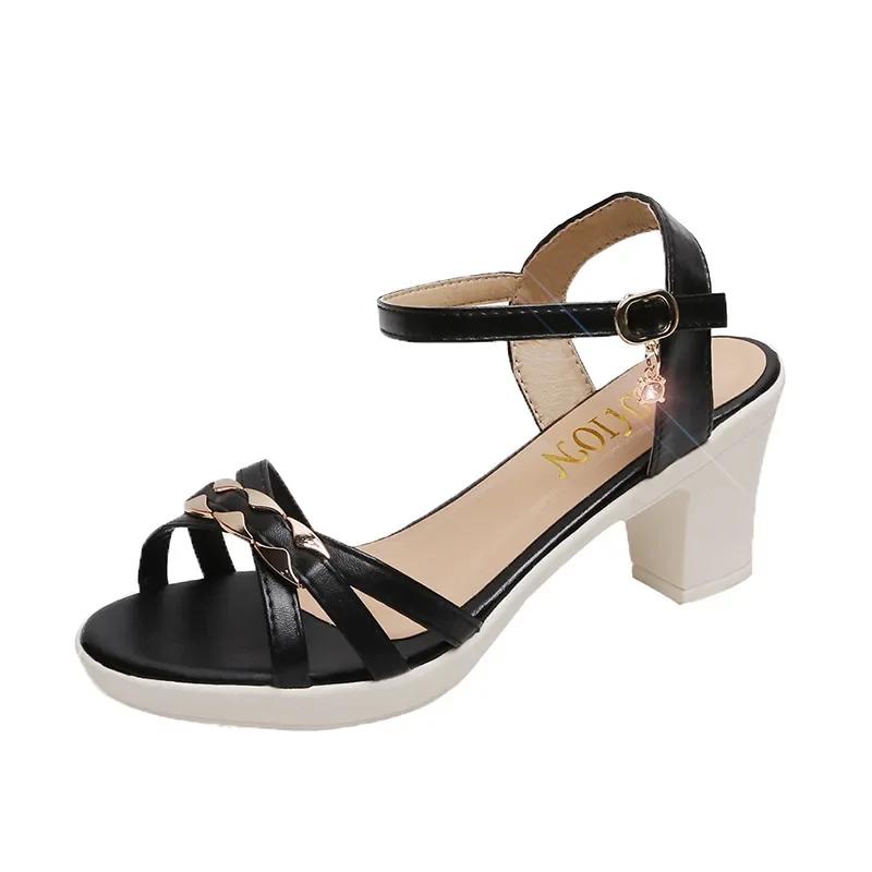 Chunky High Heels Women's Sandals Summer New Fish Mouth Black Women Shoes Open Toe Weave Cross Band Gladiator Sandalias Mujer