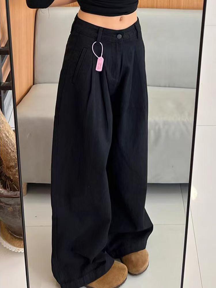 Women's Big American Style Black Wide-Leg Jeans, Autumn/Winter Pear Shape, Floor-Length, Loose Fit