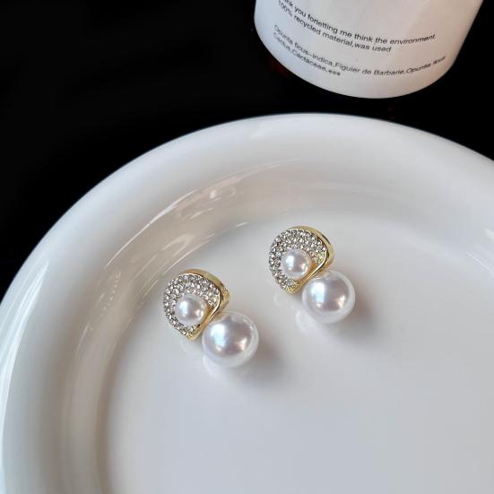 White Faux Pearl Stud Earrings with Semicircle Zirconia Crystal Top Lightweight Silver Needle Bridal Earrings for Brides Bridesmaids Wedding Party