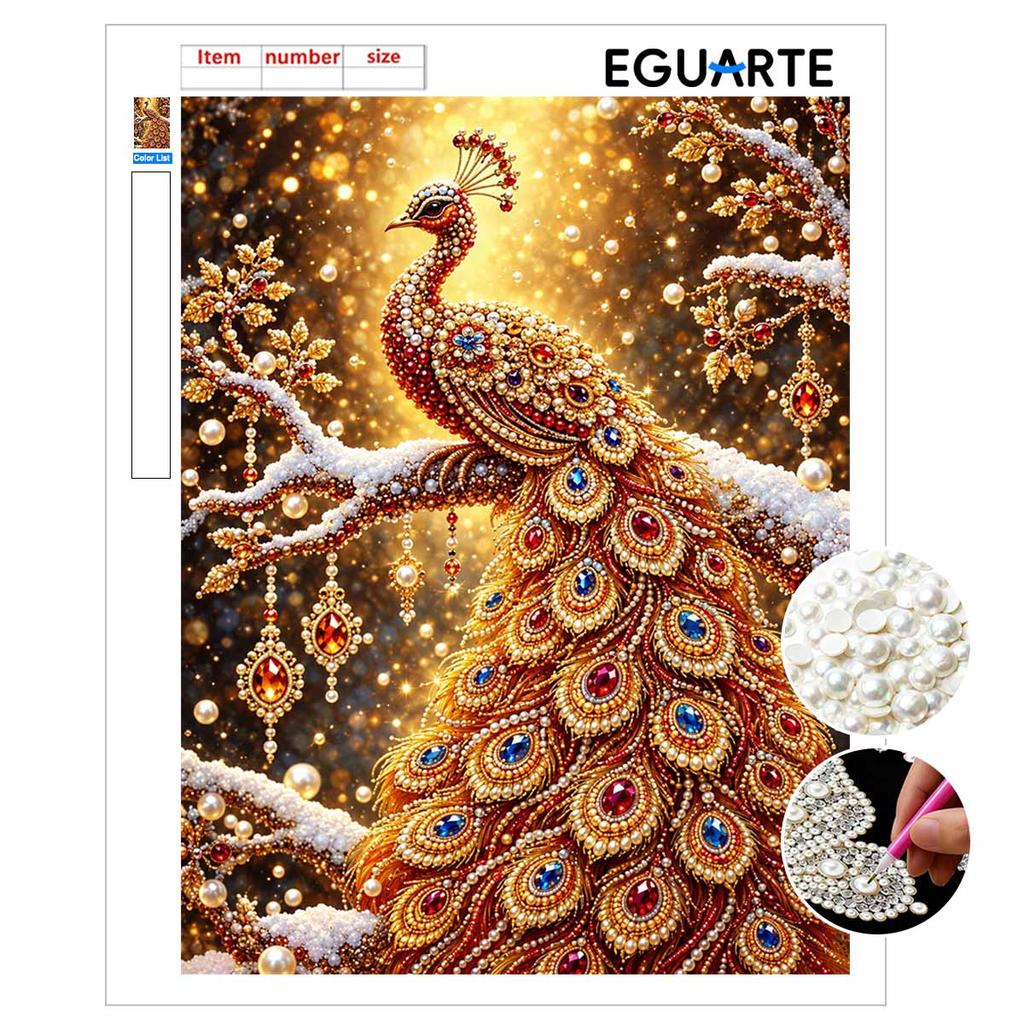 Sparkling Pearl Painting Kit with Frame Golden Peacock Bead Art Canvas Relaxing Craft Home Wall Decor Gift Set for DIY Art Wall Decoration Art