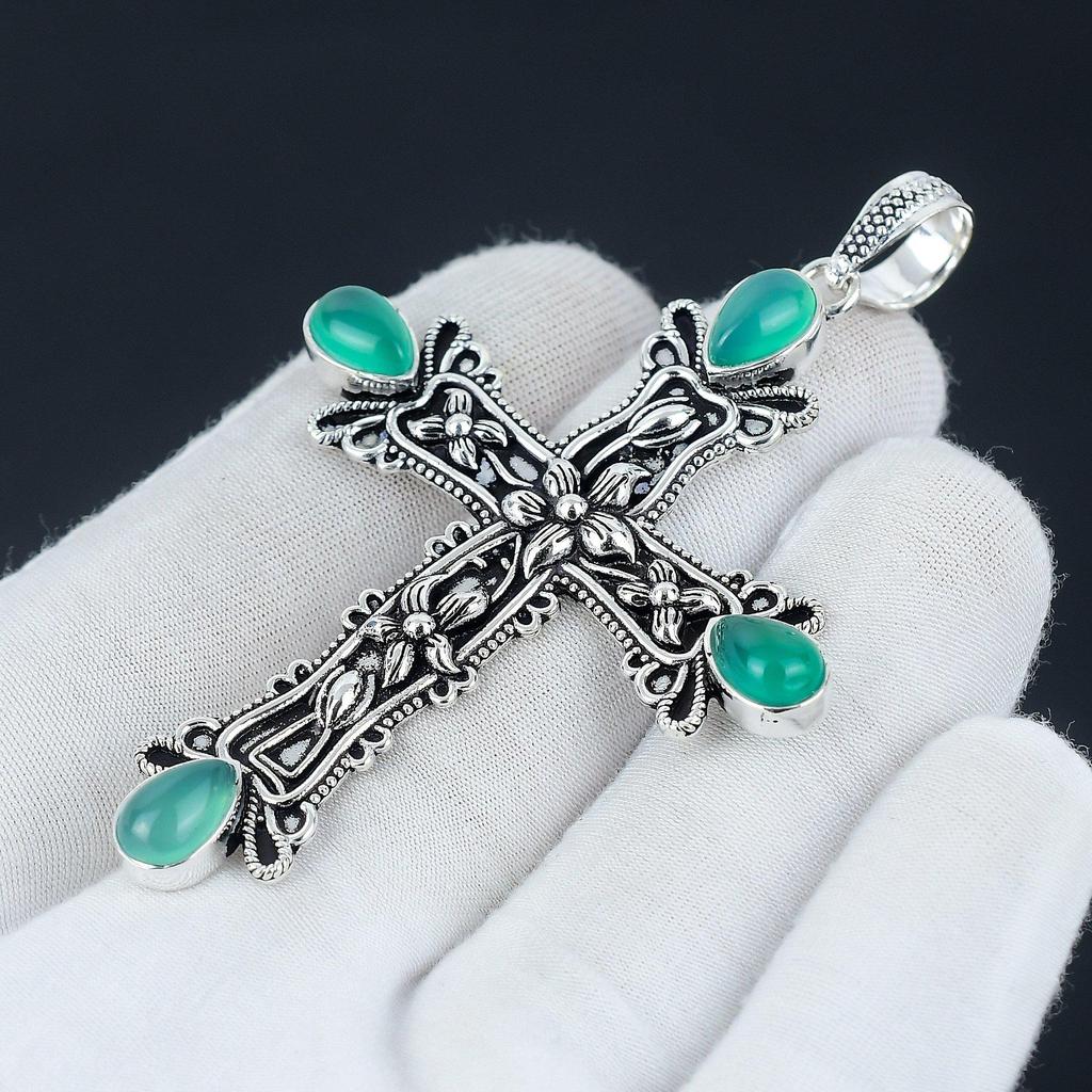 Grön Onyx Ädelsten Hänge Grön Onyx Naturlig Ädelsten Handgjord 925 Sterling Silver Kors Hänge För Gåvor Hänge För Hennes, Dam Smycken