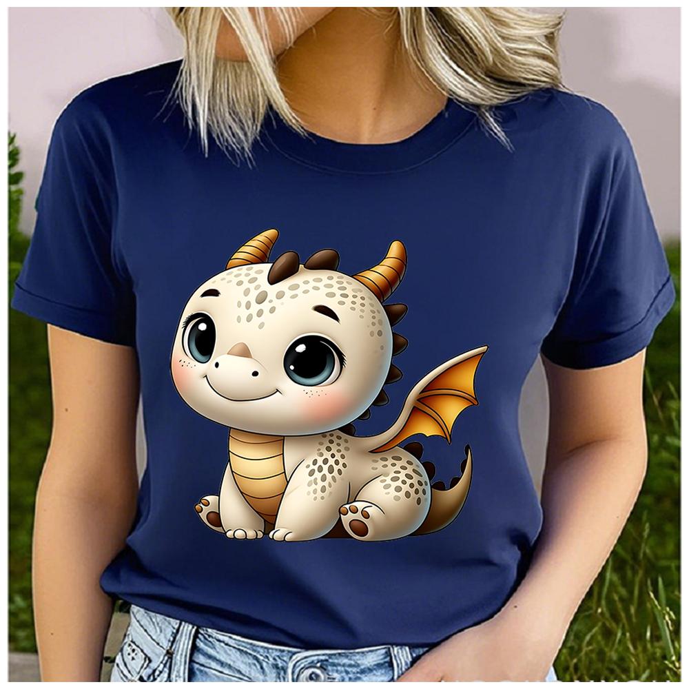 Unisex 100% Polyester Summer Top A super cute cartoon dragon Print Loose round Neck Short Sleeve Fashion for Lovers