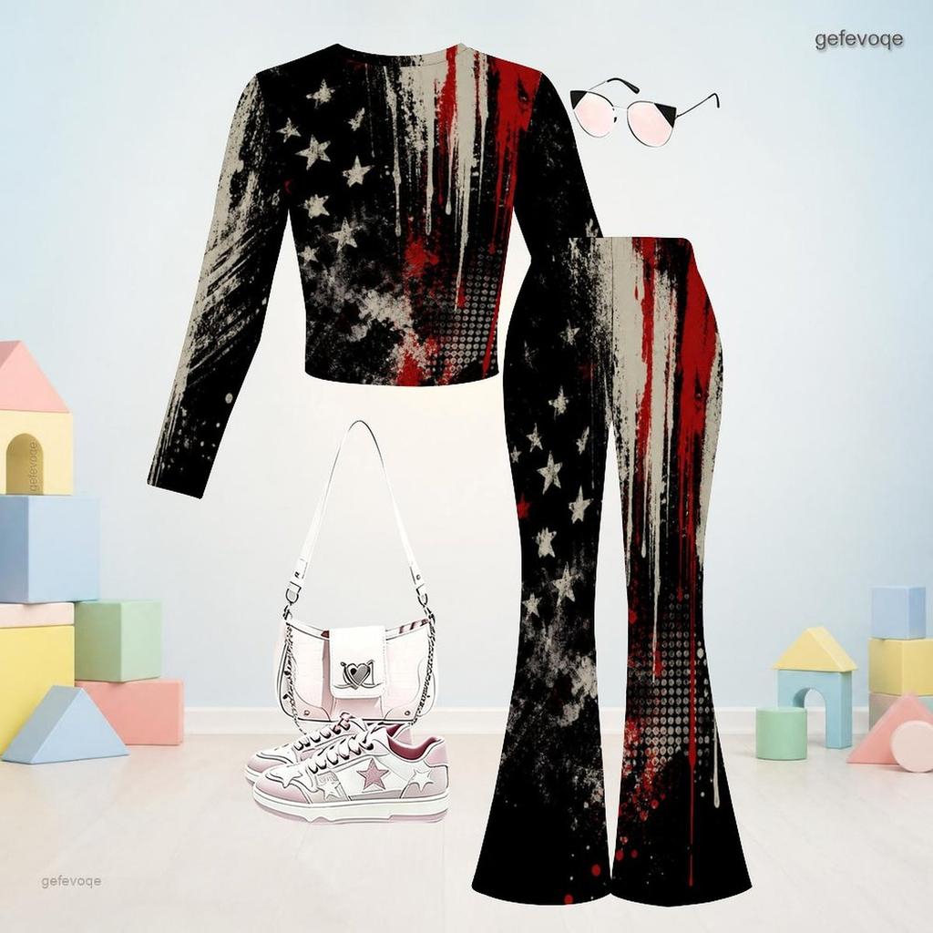 Girls Star Printed Round Neck Long Sleeve Top And Flared Pants Two Piece Outfit