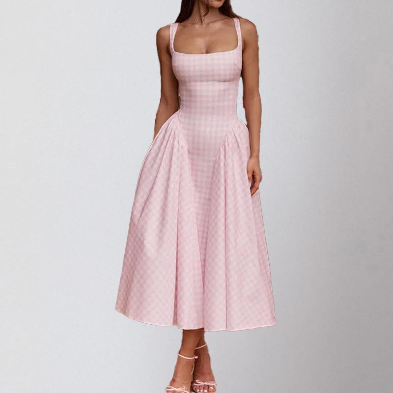New Summer Products Pure Temperament Plaid Chest Tight High Waist Big Skirt Hem Suspender Dress
