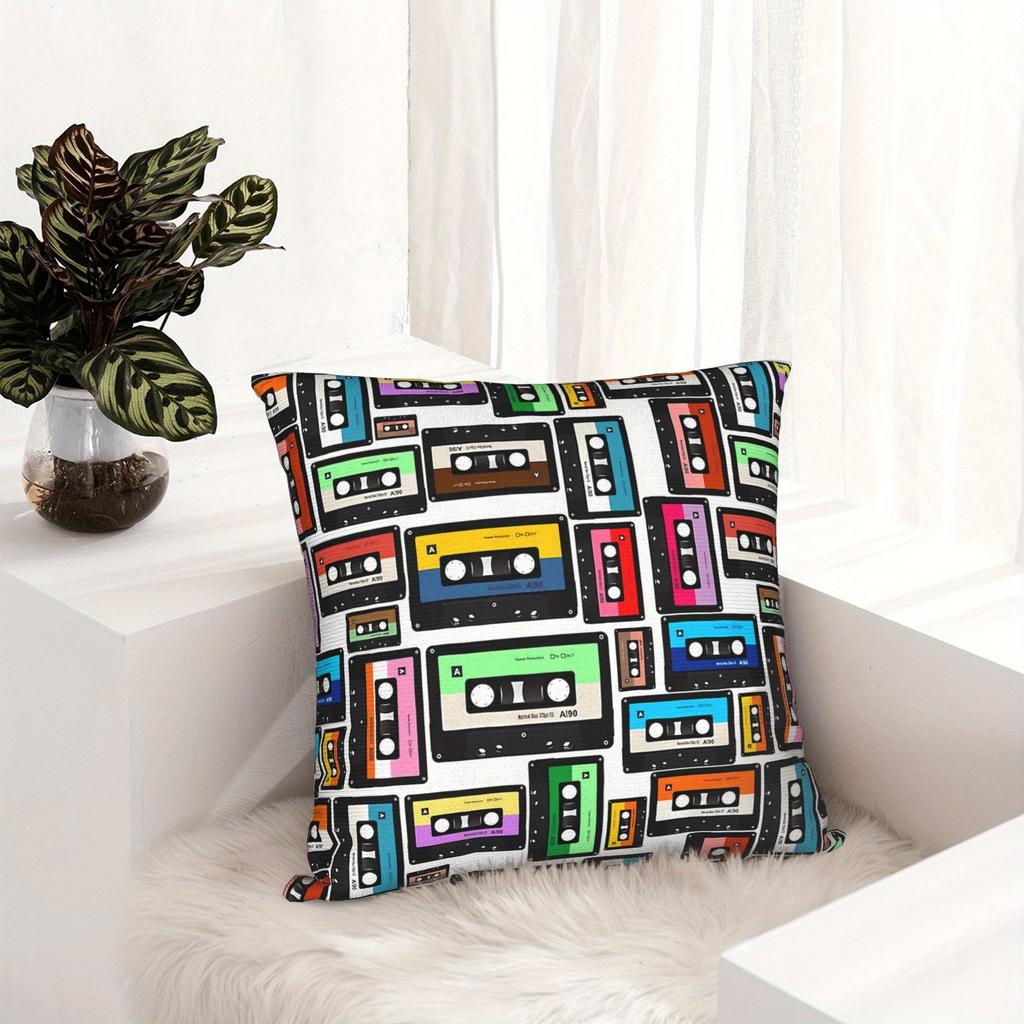 Retro Cassette Tape Pillow Cover, Colorful Music Mix Design Cushion Case For Living Room Bedroom Home Decor Gift