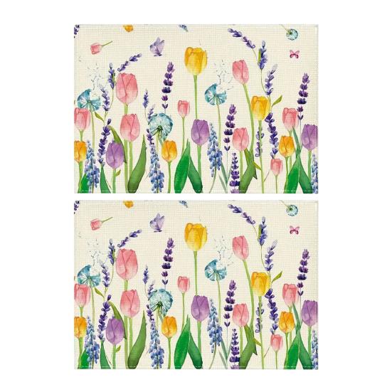 Floral Linen Placemat Tulip Spring Party Placemat Flowers Leaves Placemat Protects Table from