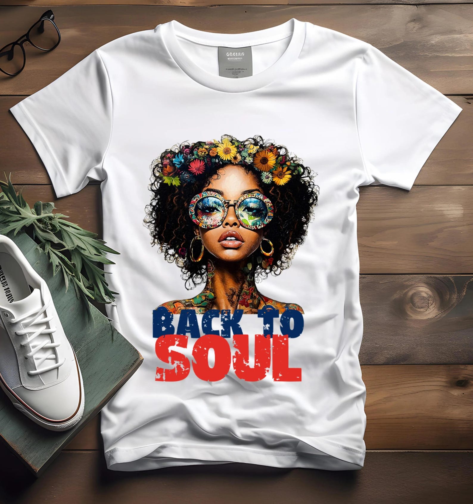 Afro Soul Woman Tee: Bright Floral T-Shirt - Vintage Style S