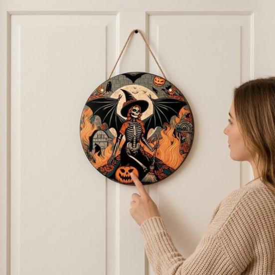 Thanksgiving Yard Display Halloween Wooden Sign,Round Hanging Pendant with Lanyard, Retro Distressed Holiday Home Ornament Wood Skeleton/Pumpkin/Clown