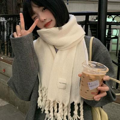 Student Solid Color Fringed Scarf Autumn Winter Warm Knitted Neck Warmer Couple Wool Thickened Neck Wrap