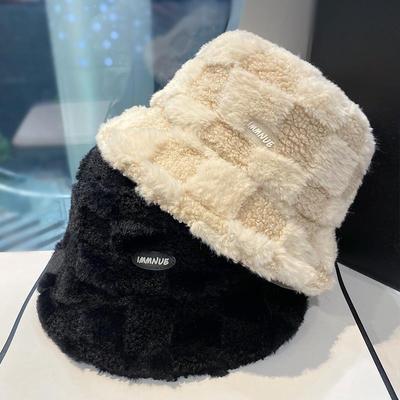 Japanese Lamb Fleece Plaid Fisherman Hat Women's Autumn and Winter Thickened Warm Hat Letter Bucket Hats
