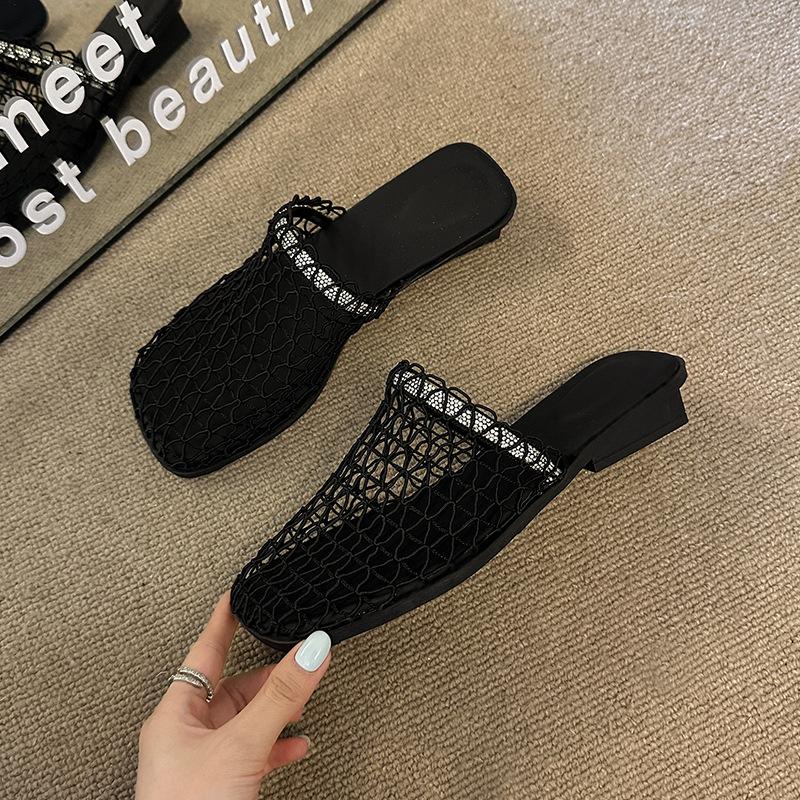 French low-heeled fishing net shoes mesh hollow bag head half slippers women's summer wear 2025 new hole cool slippers