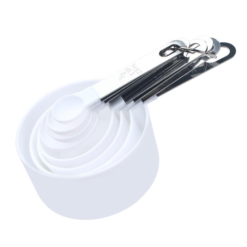 8-Piece Set: Stainless Steel Handle Plastic Measuring Cups & Spoons with Scale for Baking, Seasoning, and Coffee.