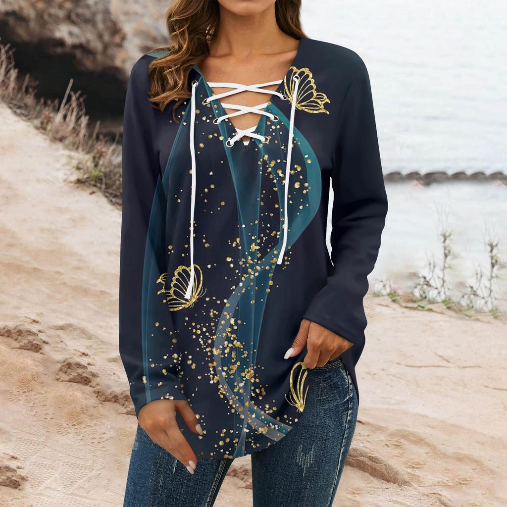 Women's Blouse Fashion Loose Casual Long Sleeved Printed V-Neck T-shirt Top