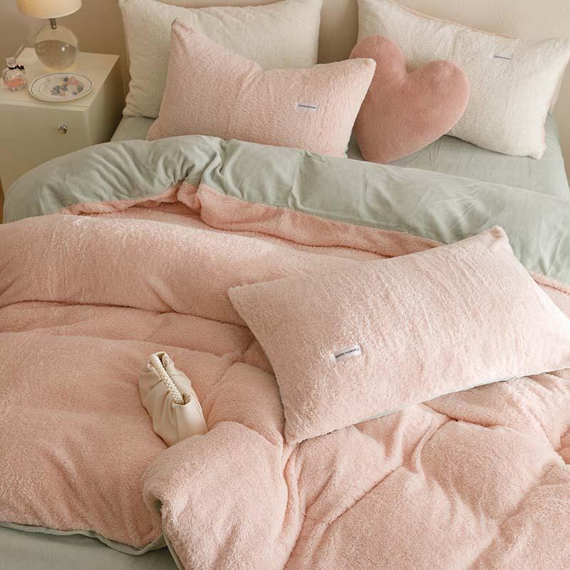 Thickened Milk Fleece Four-Piece Set, Solid Color Coral Fleece Bed Sheet Quilt Cover, Flannel Bed Three-Piece Set
