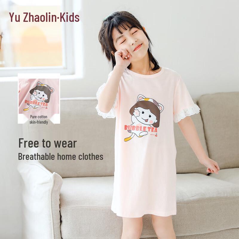 YUZHAOLIN Girls  Cat Paw Print Summer Cotton Nightgown 6-7Y