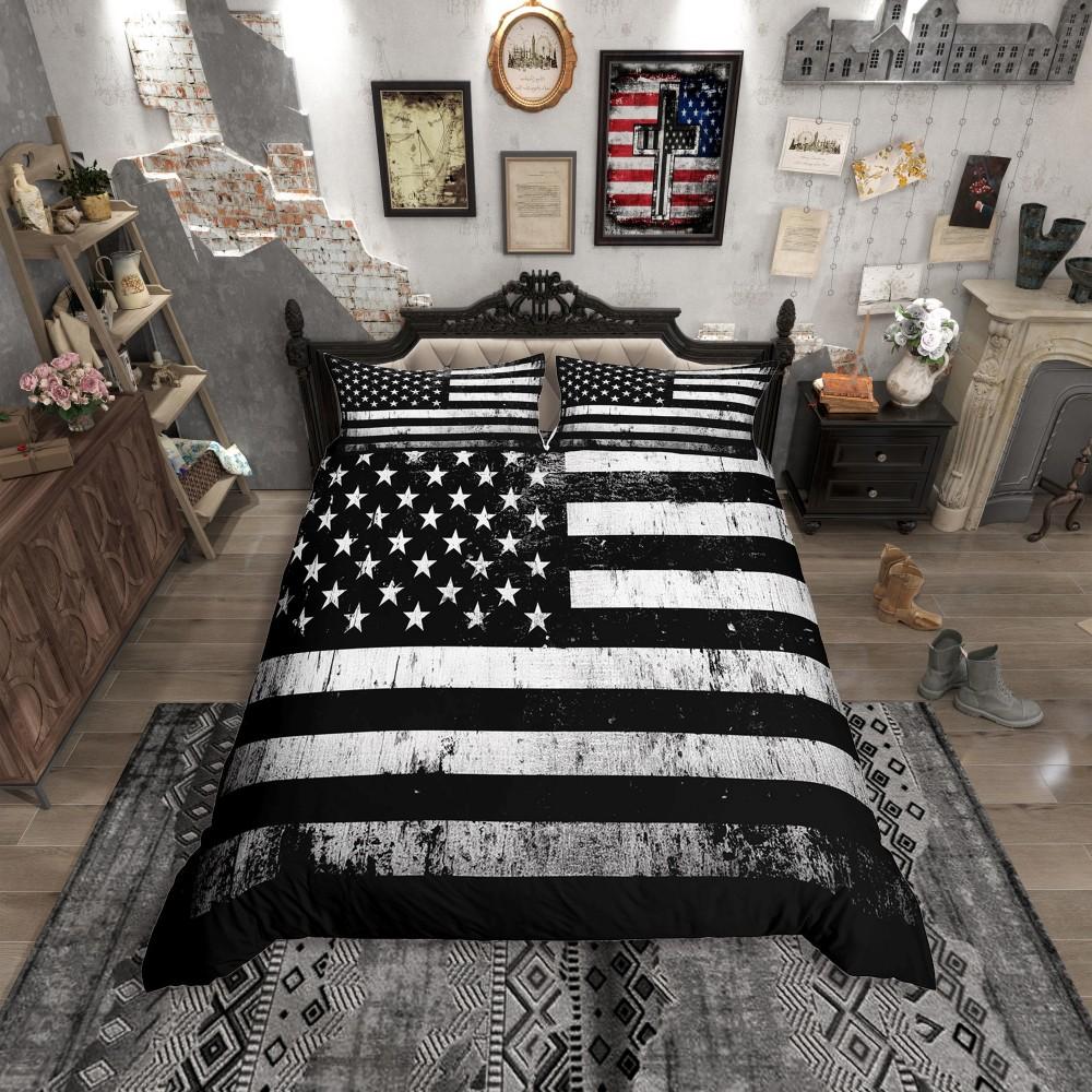 Homewish Rustic Hunting Fishing Duvet Cover Set for Men,Retro US Flag Bedding Set,Wildlife Bear Deer Bed Set