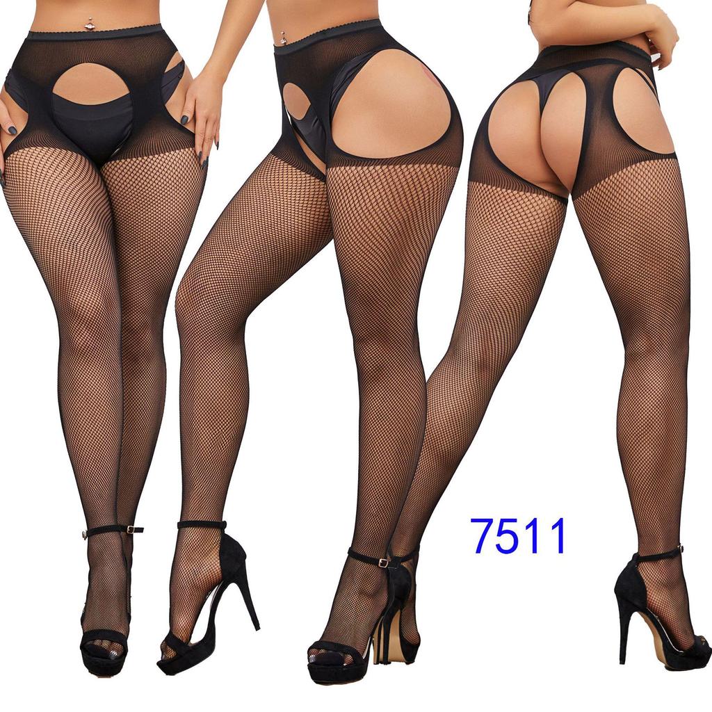 Women's Sexy Crotchless Fishnet Suspender Stockings with Eye Jacquard Design - Style 7501