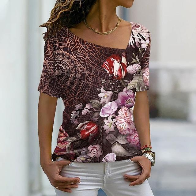 Trendy 3D T-shirt Flower Women's Slant Neck T-shirt Short Sleeve T-shirt