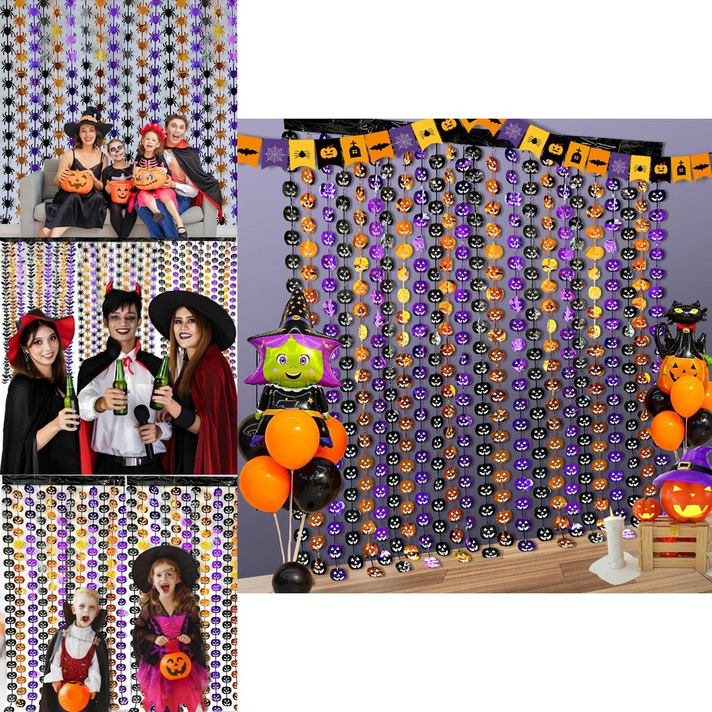 Halloween Plastic Scene Decorative Curtain With Pumpkin Bat Spider For Party Decor And Photo