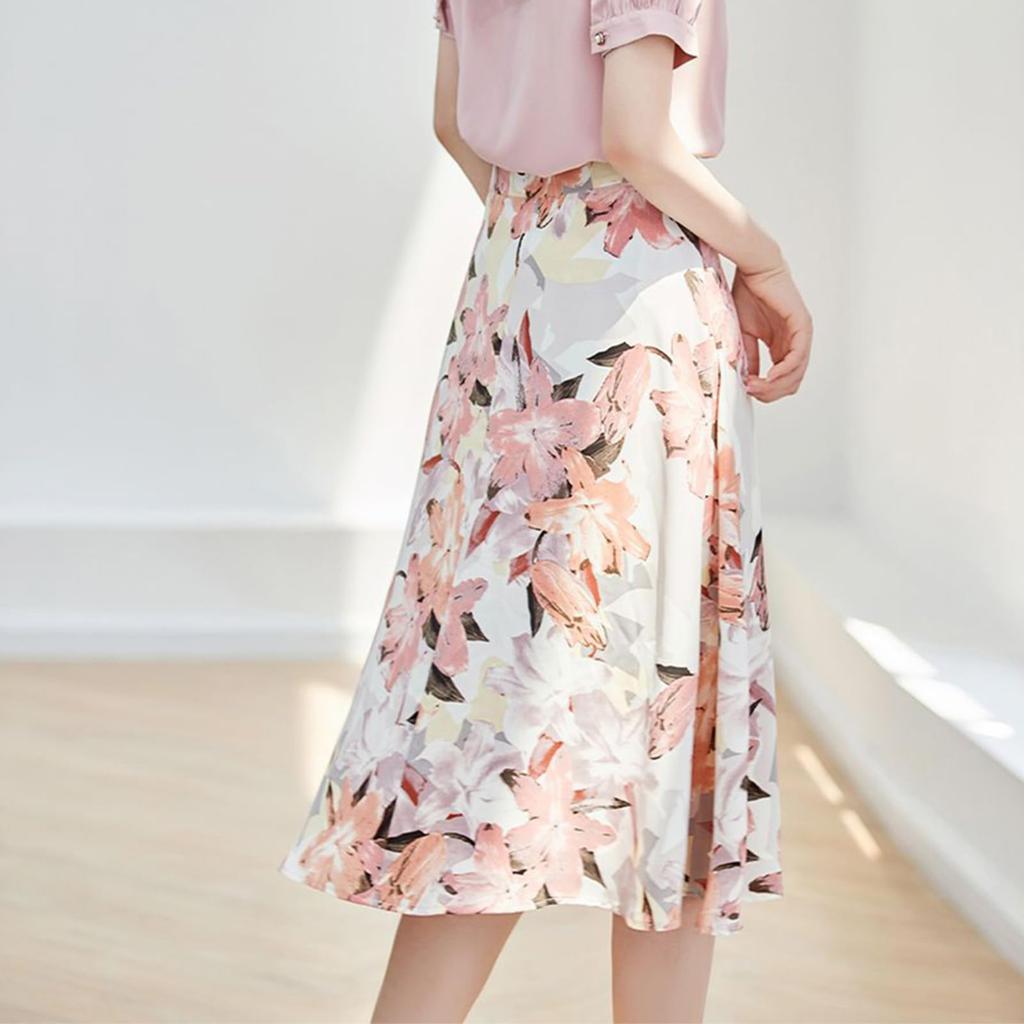Flared Floral High Relaxed Elastic Perfect for Casual Slimming Free Size [KANO SEIKA] Women's Skirt, Knee-Length, Print, Chiffon, A-Line, Waist,