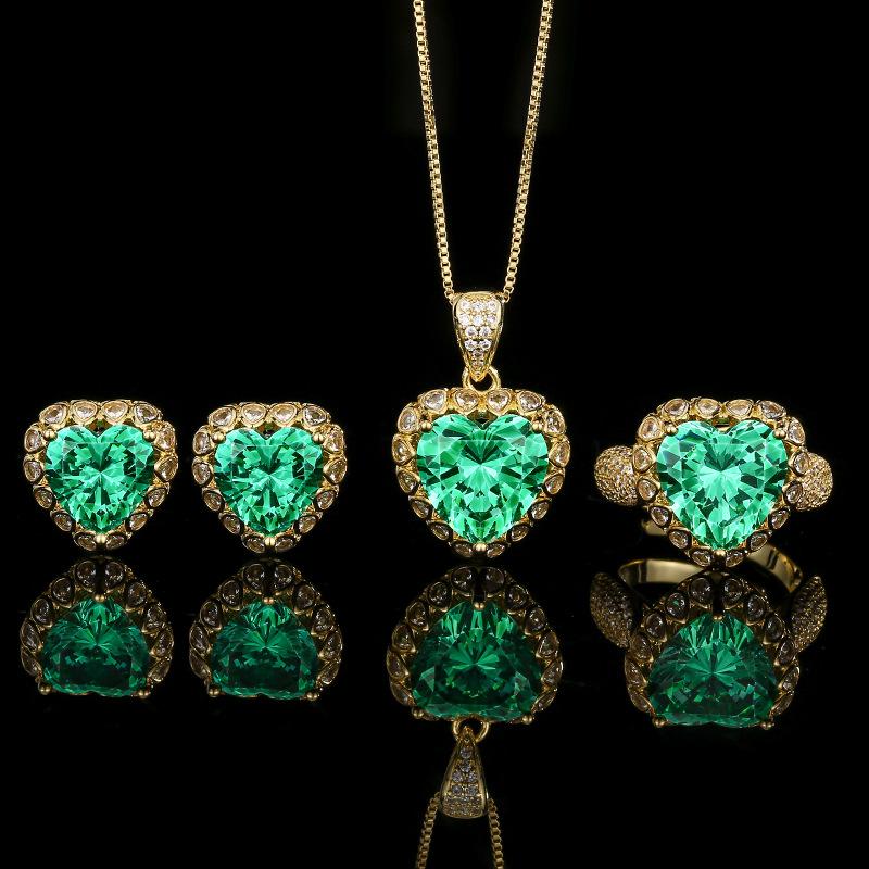 2025 Evening Dress Accessories Multi-Heart Design Blue Red Green High Carbon Diamond Pendant Necklace Earrings Ring Jewelry Set