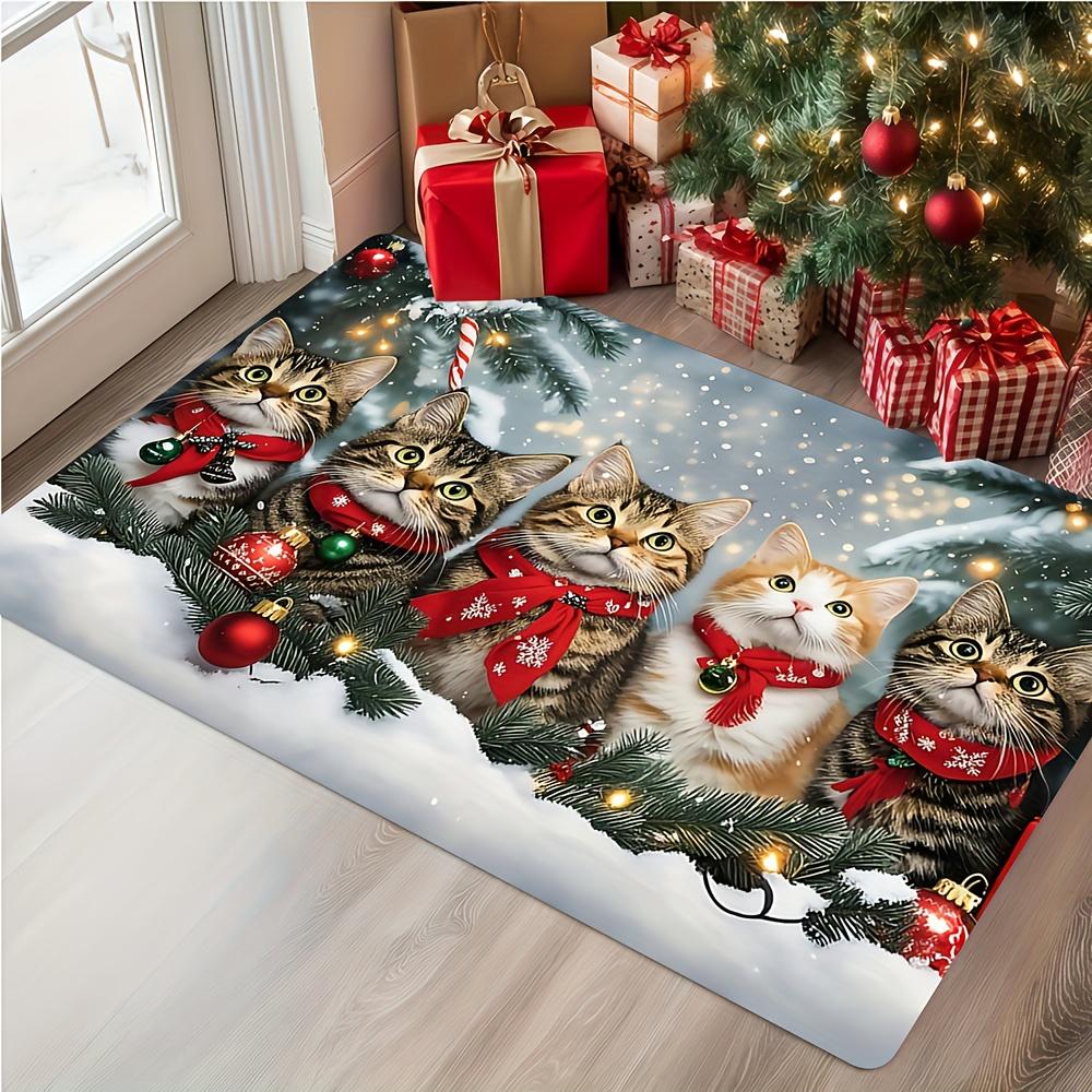 Christmas Doormat with 5 Cats In Red Scarves On Snowy Pine Branches, Festive Pet Lover Holiday Mat, Indoor  Non-Slip Welcome Rug