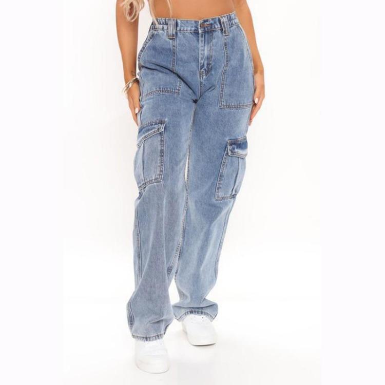 Women Casual Loose Straight Wide Leg Cargo Jeans Multi Pocket Ladies Pants S светло-синий