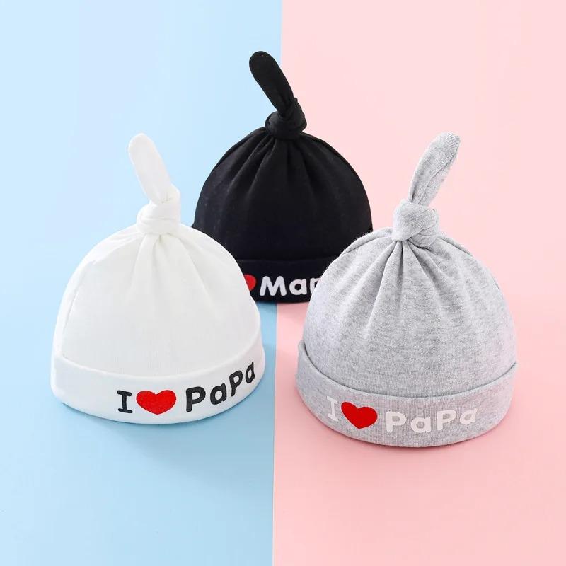 Spring Summer Love Papa Mom Newborn Baby Hat Infant Toddler Cotton Cap Cute Layer Solid Headwear for 0-3 Months Boys Girls