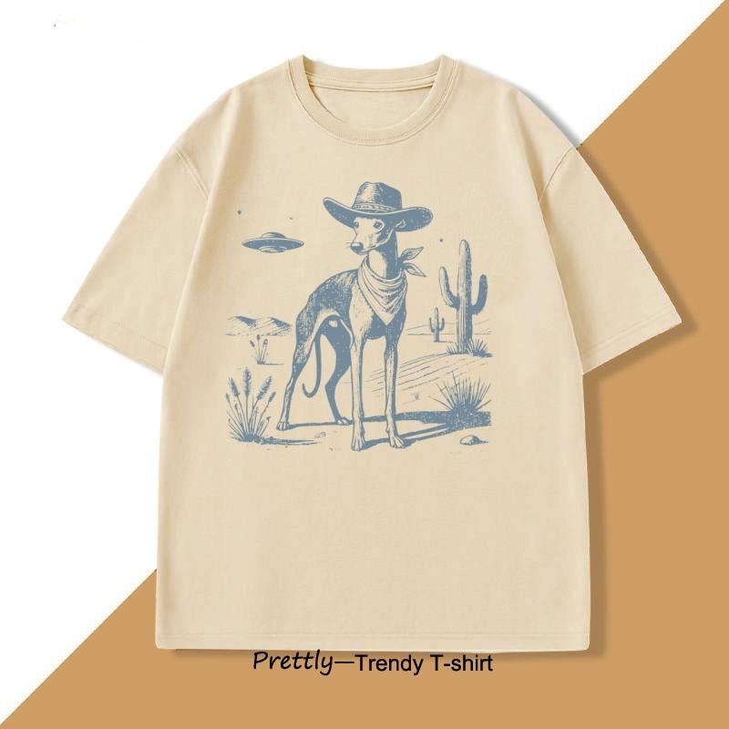 Vintage UFO Western TShirt Cotton Retro Short Sleeve Tshirt Cowboy Wild West Dog Mom T Shirt Casual Round Neck Loose Tees Top