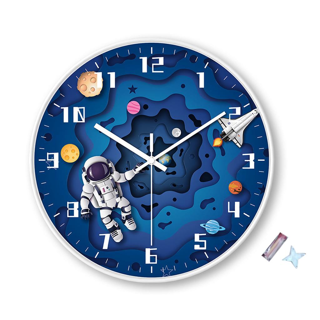 8 Inch Silent Wall Clock PP Battery Operated Kids Wall Clock Space Theme Decor for Home Living Room Bedroom Round