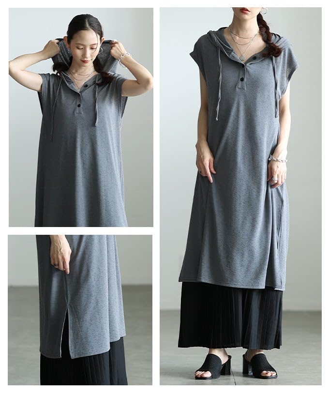 la stylish hoodie design long dress for loose summer Free Size Gray [sawa á mode] Easy-to-wear, women. Long, sleeveless, stretchy, fit, versatile,