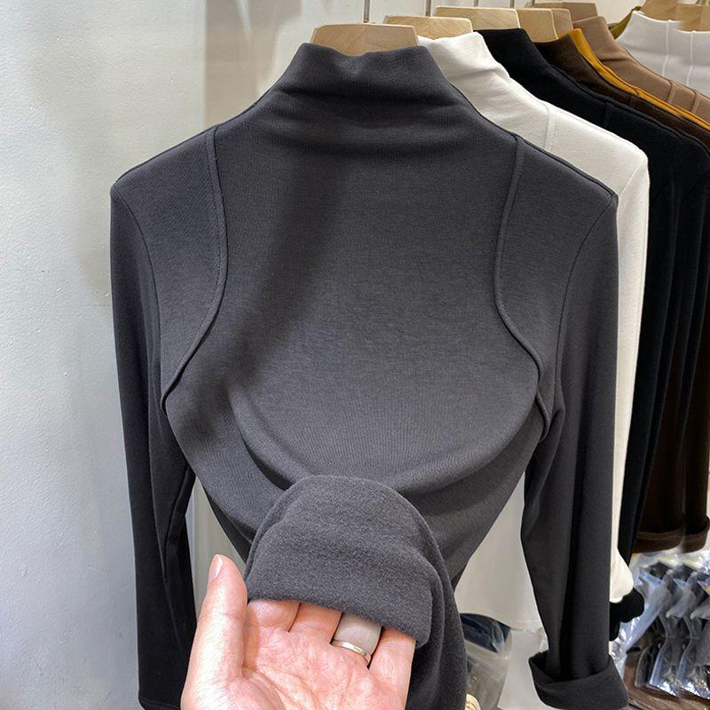 Cămașă de damă cu gât înalt, cu mâneci lungi, slim-fit, stil european, cu căptușeală din catifea germană periată pentru toamnă și iarnă