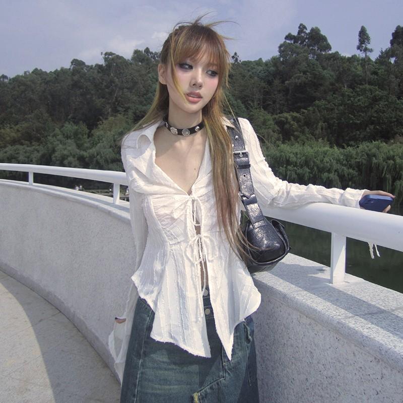 Y2k Aesthetics Pleated Shirt Fairycore Lace Up Blouse Trashy 2000s Style V-neck Shirt Irregular Japanese Harajuku 90s