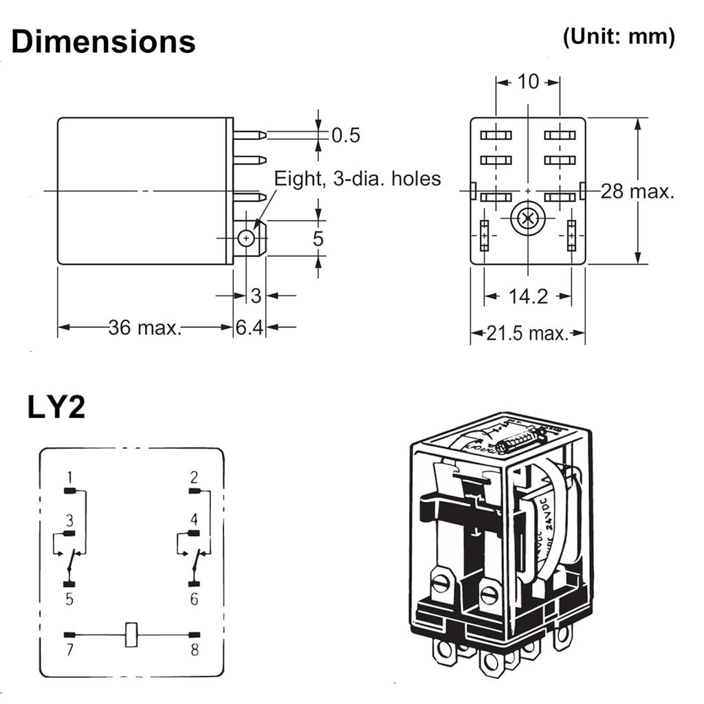 (Pack of 2) LY2-AC24 General Purpose Power Relay -10A Contact Rating DPDT, 24VAC Rated Voltage, 46Ma at 60hz Rated Load Current - Reliable Electric
