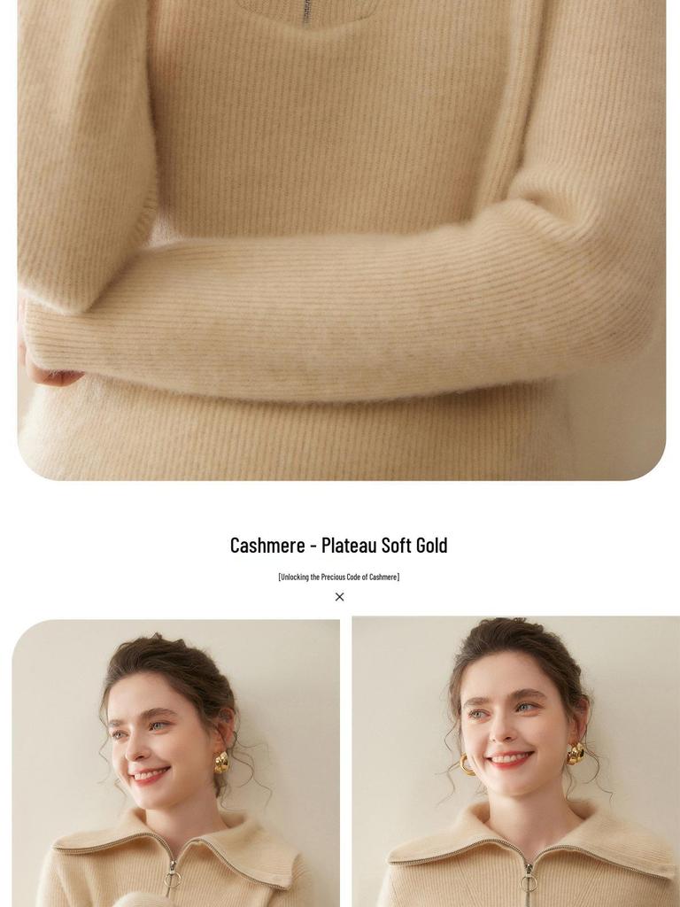 Autumn Winter Ribbed Knitwear: Large Lapel, Solid Color, Loose Half Zip, Thick Cashmere Sweater.