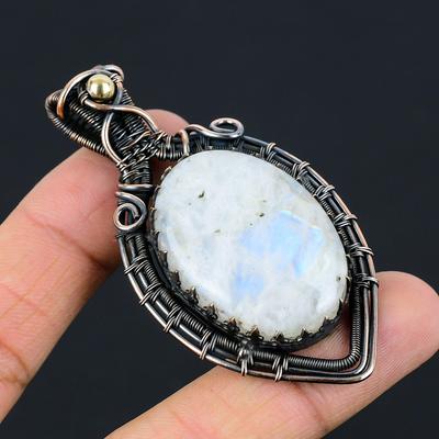 Pietra di Luna Pietra Preziosa Filo di Rame Puro Avvolto Bellissimo Ciondolo Fatto a Mano Gioiello
