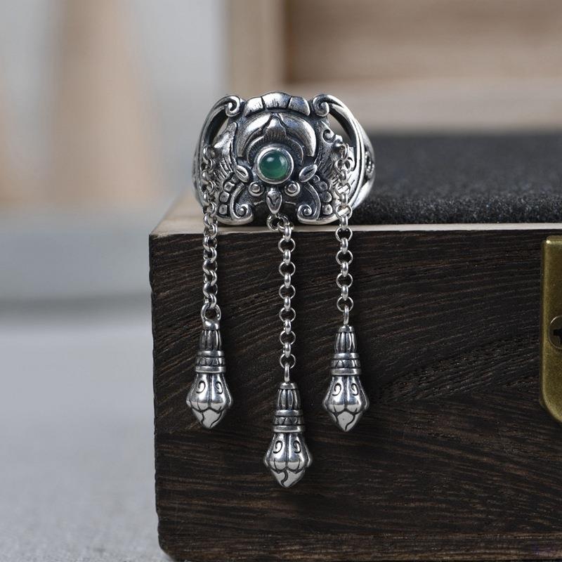 Natural Hetian Jasper Bat Thai  Tassel Opening Ring Retro Designer Craft Light Luxury Charm Women'S  Jewelry