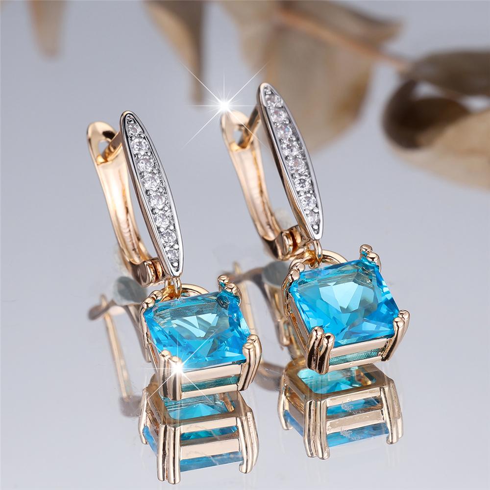 Charm Female Water Blue Crystal Zircon Stone Hoop Earrings Gold Color Simple Wedding Jewelry For Women
