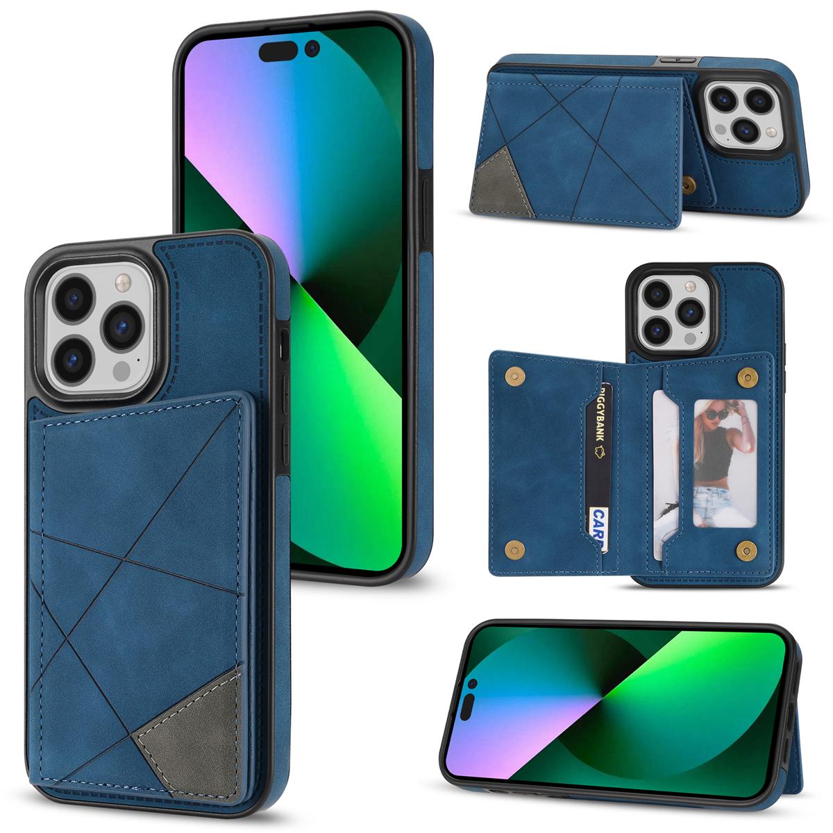 

For iPhone 16 Pro Max Wallet Case Leather Phone Cover Line Imprinted Color Splicing Blue