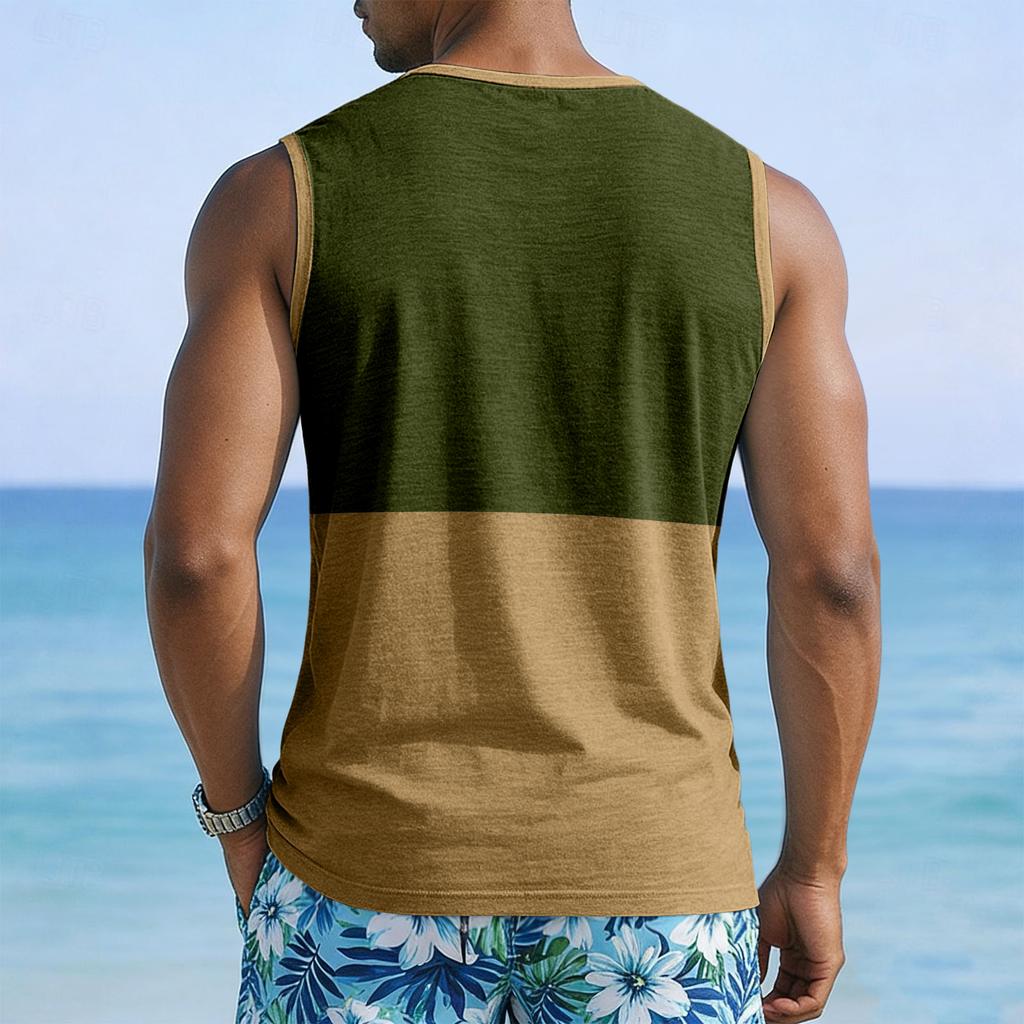 Men Sleeveless Casual Tank Top with Wide Shoulder Straps Chest Pocket and Panel Design for Everyday Wear