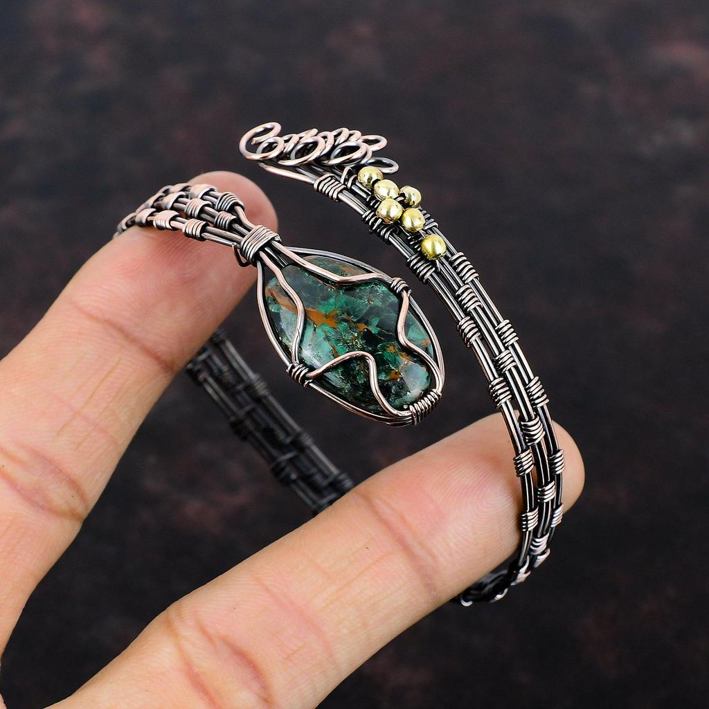 Cuprite Chrysocolla Bangle Copper Wire Wrapped Cuff Bracelet Gemstone Jewelry Adjustable Bangle Gift For Her Handmade Jewelry Copper Bangle