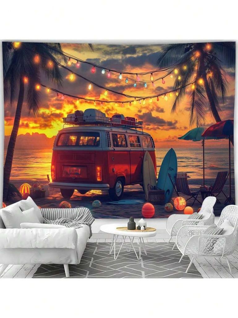 Sunset Seaside Camping Car Print Tapestry Living Room Wall Decoration Multi Size Background Cloth Machine Washable