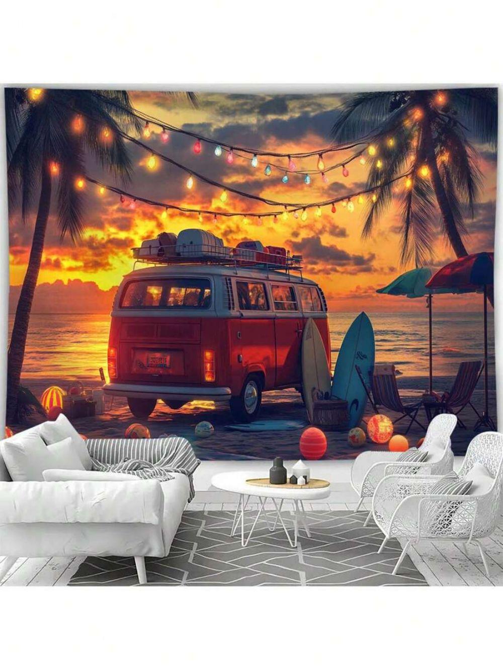 Sunset Seaside Camping Car Print Tapestry Living Room Wall Decoration Multi Size Background Cloth Machine Washable 100X70CM