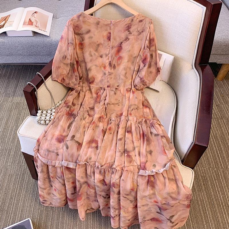 Plus Size Women's Summer New Vintage Style Floral Short Sleeved High Waisted Slimming Dress