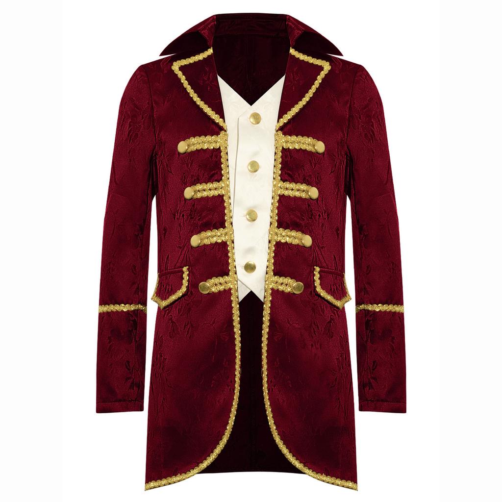 Traje Medieval Vitoriano para Meninos Manga Longa Acabamento Dourado Jaqueta Falsa de Duas Peças Casaco Steampunk Gótico