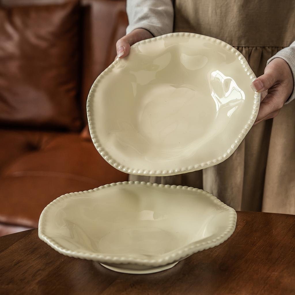 Cream Wind Pearl Edge Ceramic Large Bowl French Tableware Bowl Special-Shaped Bowl Household Salad Bowl Vegetable Bowl Pasta Bowl