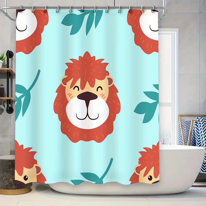 

Bright Lion Face Pattern Shower Curtain Waterproof Bath Decor For Kids Room Home Decoration With Hooks Light Blue Red Green W60H190(CM)-1 Pcs