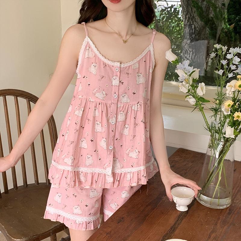 

Vernis summer cool suspender shorts pajamas women s pure cotton loose casual suit loungewear can be worn outside M